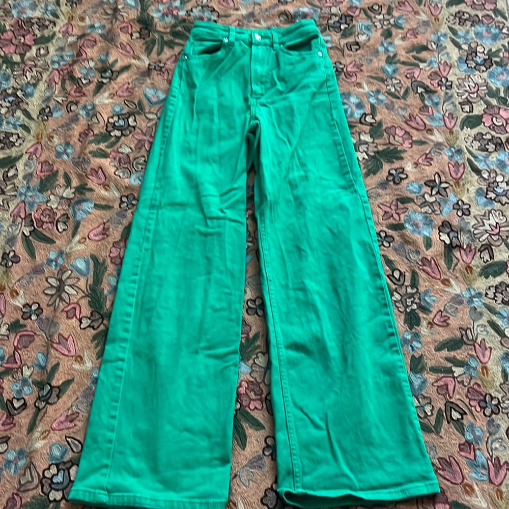 H&M Divided Green High Waisted Wide Leg Flare Jeans